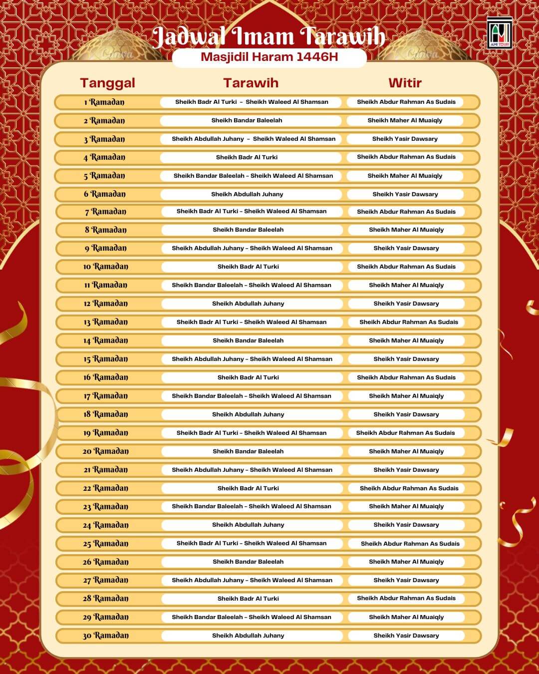 Malam Imam Tarawih Imam Salat Witir 1 Sheikh Badr Al Turki Sheikh Waleed Al Shamsan Sheikh Abdur Rahman As Sudais 2 Sheikh Bandar Baleelah – Sheikh Maher Al Muaiqly 3 Sheikh Abdullah Juhany